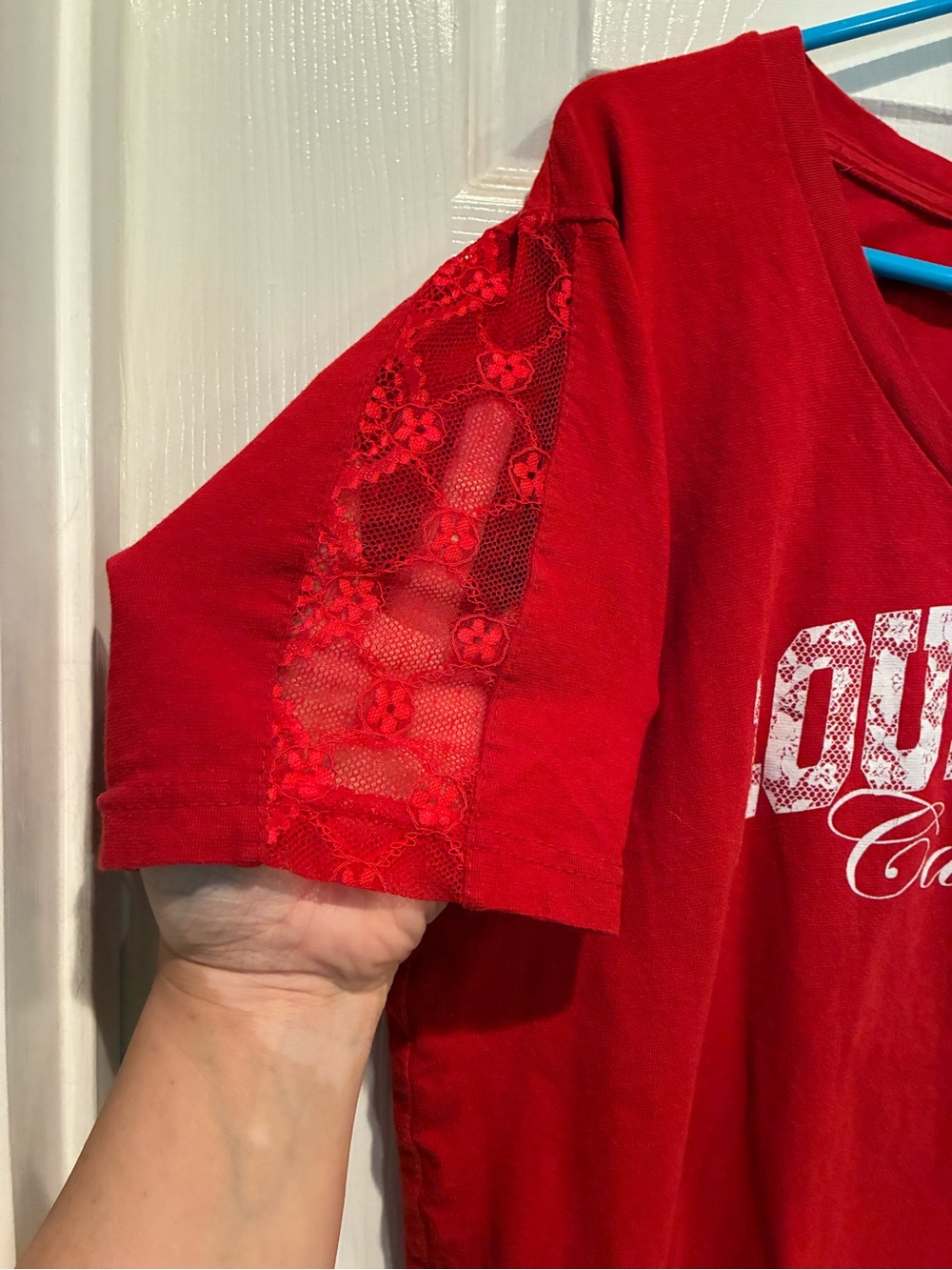 Louisville Cardinals Red Women's Tee with Lace Sleeves - Picture 4 of 8
